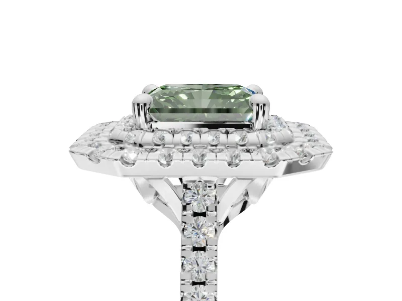 Fancy Green Radiant Cut Lab-Grown Diamond Double Halo Statement Ring Set in Sterling Silver with Pavé Band