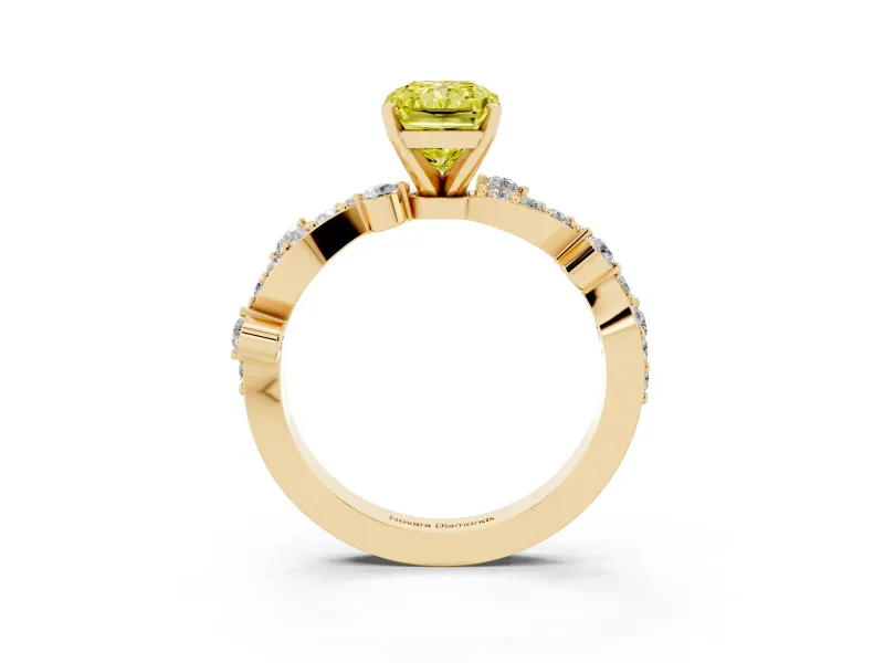 Fancy Yellow Radiant Cut Diamond Solitaire Twisted Band Set in Yellow gold with Pavé Setting