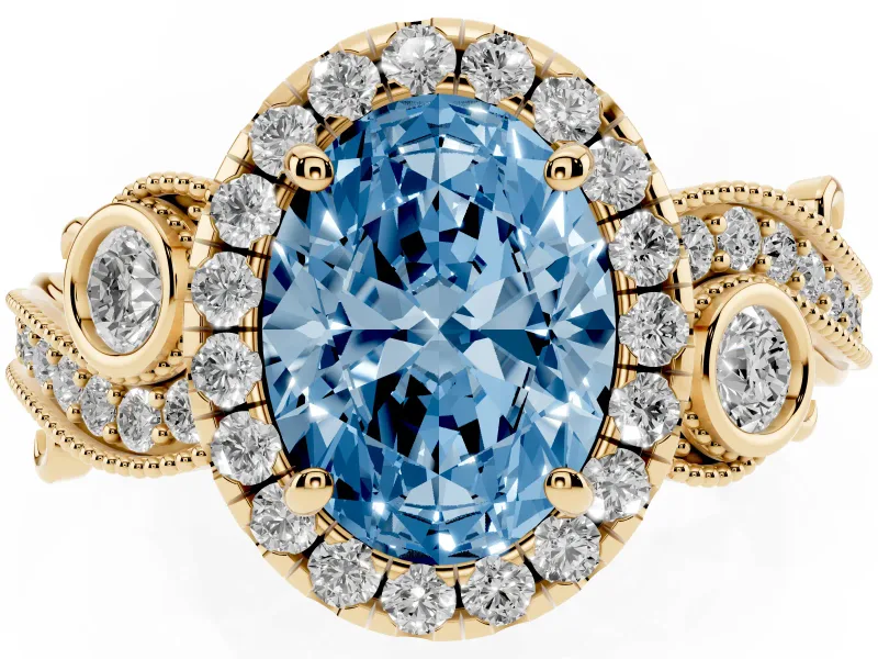 Oval Vintage Halo Engagement Ring Setting for a Fancy Blue Lab-Grown Diamond | Bezel Shoulder Accents | Yellow Gold