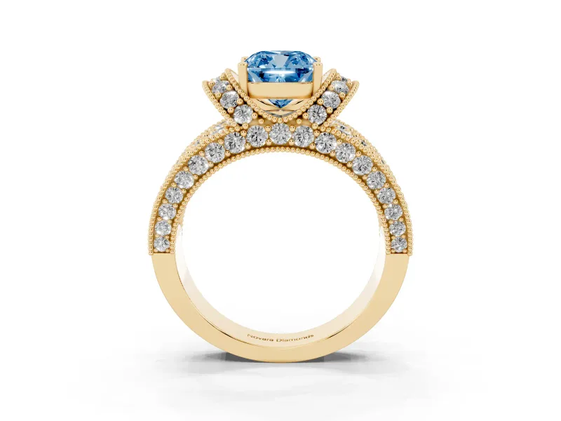 Cushion Cut Vintage Pave Engagement Ring Setting for a Fancy Blue Lab-Grown Diamond | Milgrain Edges | Yellow Gold