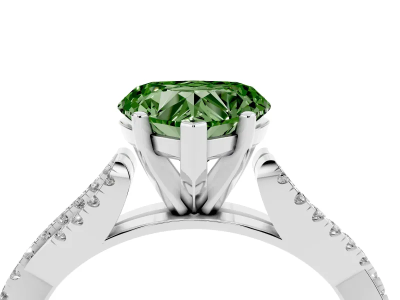 Fancy Green Heart Cut Diamond Solitaire Engagement Ring Set in White gold with Twisted Pavé Band and Prong Setting