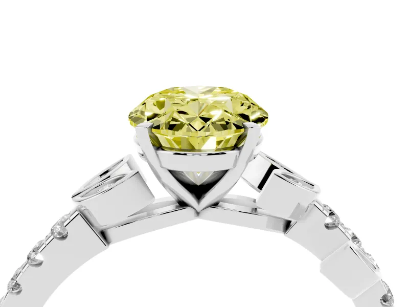 Fancy Yellow Oval Cut Diamond Solitaire Leaf-Inspired Ring Set in Silver with Pavé Band and Prong Setting