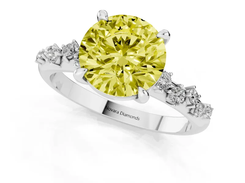Fancy Yellow Round Cut Diamond Solitaire Vine Band Ring Set in Platinum with Round Accents and Prong Setting