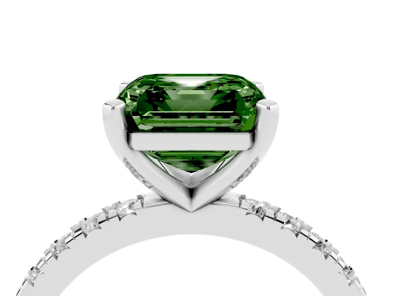Fancy Green Asscher Cut Diamond Pavé Band Solitaire Set in Platinum with Prong Setting