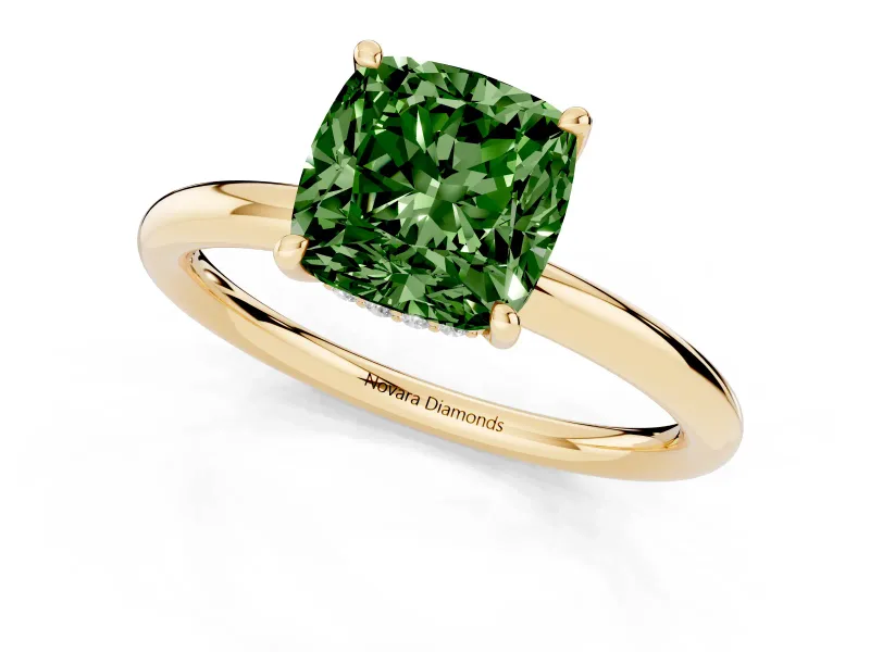 Cushion Cut Hidden Halo Ring Setting for a Fancy Green Lab-Grown Diamond | Yellow Gold