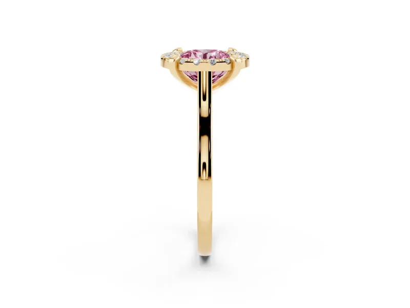 Round Halo Engagement Ring Setting for a Fancy Pink Lab-Grown Diamond | Claw Corners | Yellow Gold