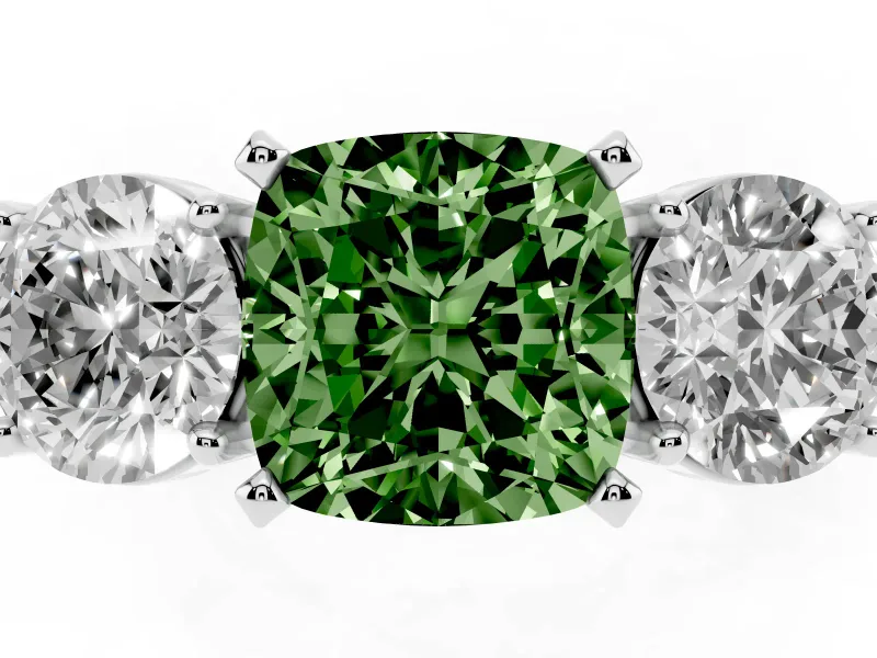 Cushion Cut Three Stone Engagement Ring Setting for a Fancy Green Lab-Grown Diamond | Wide Plain Band | White Gold