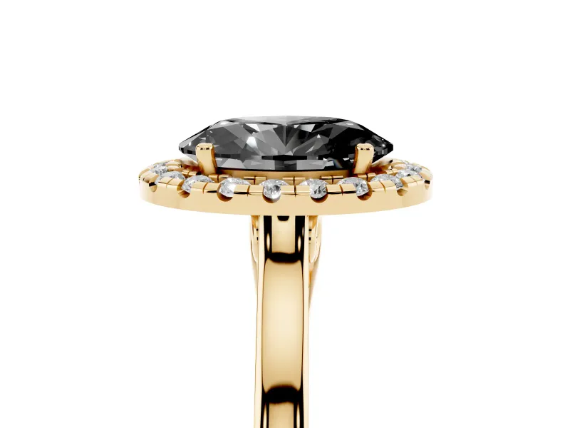 Fancy Black Oval Cut Halo Round Diamond Solitaire Ring Set in Yellow gold with Pavé Band and Prong Setting
