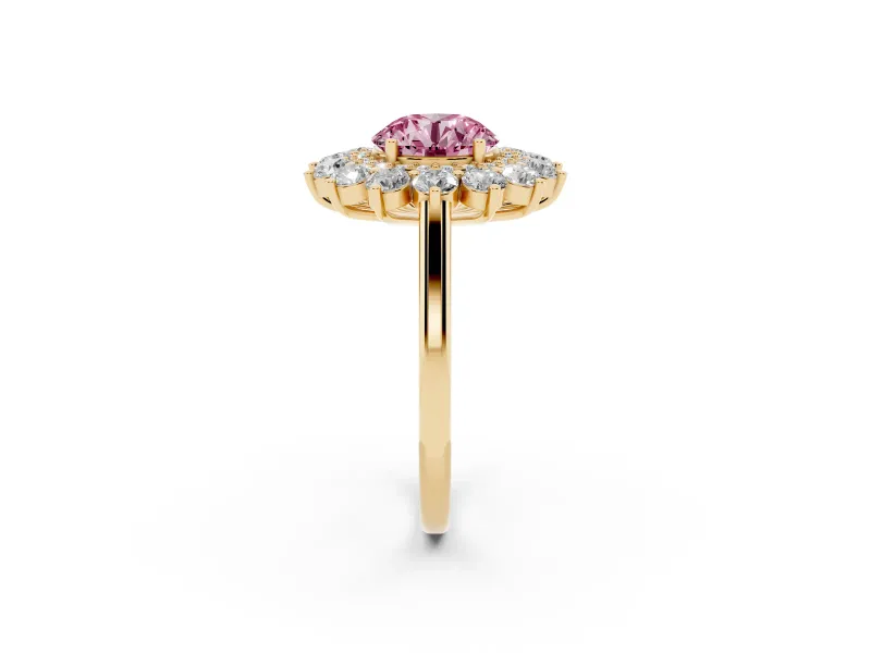 Round Floral Double Halo Engagement Ring Setting for a Fancy Pink Lab-Grown Diamond | Plain Band | Yellow Gold
