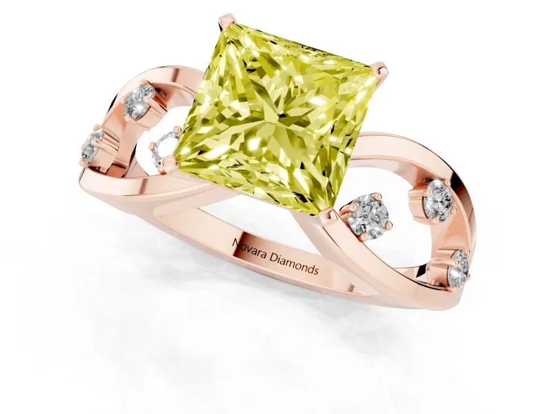 Fancy Yellow Princess Cut Diamond Solitaire Ring Set in Rose gold with Side Stones on Criss-Cross Band and Prong Setting