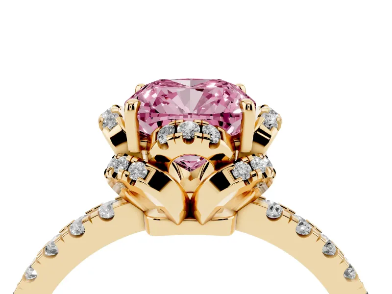 Fancy Pink Cushion Cut Diamond Halo Pavé Band Ring Set in Yellow gold with Prong-Held Center