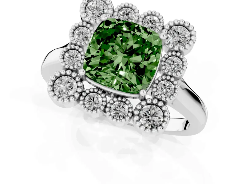 Cushion Cut Milgrain Cluster Halo Engagement Ring Setting for a Fancy Green Lab-Grown Diamond | Plain Band | White Gold