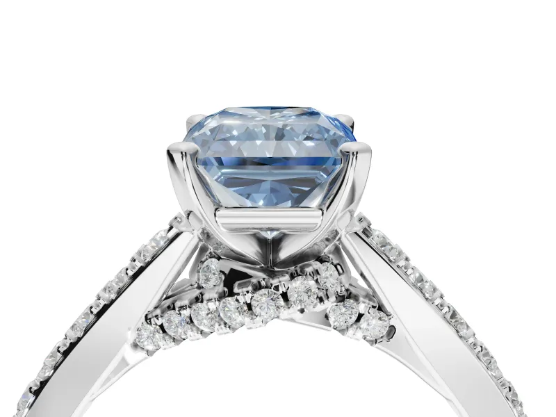 Radiant Cut Pavé Solitaire Engagement Ring Setting for a Fancy Blue Lab-Grown Diamond | Crossover Gallery | Platinum