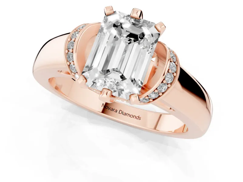 Emerald Cut Pavé Collar Solitaire Engagement Ring Setting | Wide Polished Band | Rose Gold