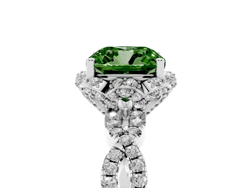 Cushion Cut Milgrain Halo Engagement Ring Setting for a Fancy Green Lab-Grown Diamond | Graduated Shoulders | White Gold