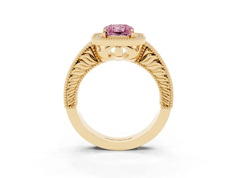 Radiant Cut Milgrain Halo Engagement Ring Setting for a Fancy Pink Lab-Grown Diamond | Carved Leaf Detail | Yellow Gold