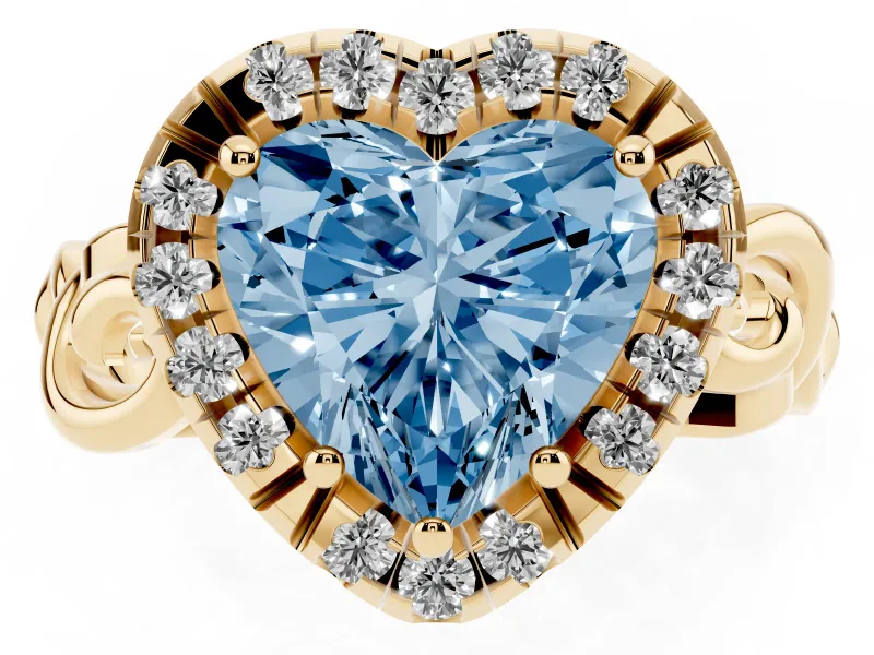 Fancy Blue Heart Cut Diamond Halo Ring Set in Yellow gold with Scrollwork Band and Prong Setting