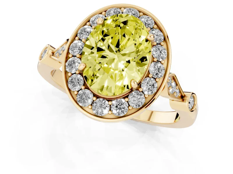 Oval Vintage Halo Engagement Ring Setting for a Fancy Yellow Lab-Grown Diamond | Bezel Station Shoulders | Yellow Gold