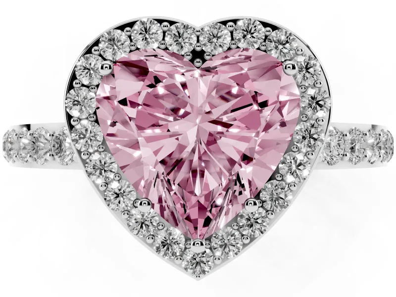 Fancy Pink Heart Cut Diamond Halo Ring Set in Platinum with Pavé-Setting Band and Open Prong Center