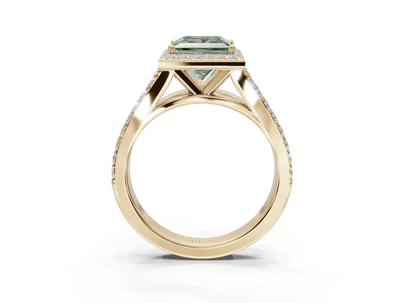 Princess Cut Halo Pavé Engagement Ring Setting for a Fancy Green Lab-Grown Diamond | Narrow Split Shank | Yellow Gold