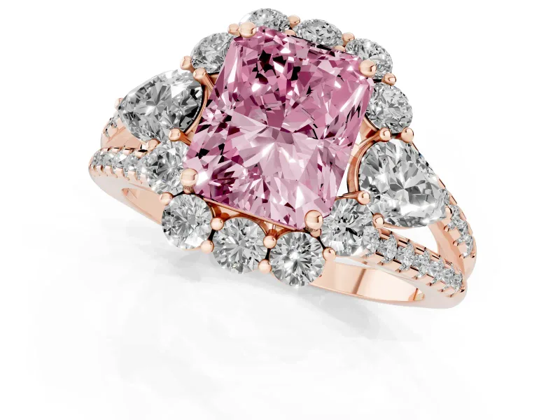 Radiant Cut Scalloped Halo Engagement Ring Setting for a Fancy Pink Lab-Grown Diamond | Pear Side Stones | Rose Gold