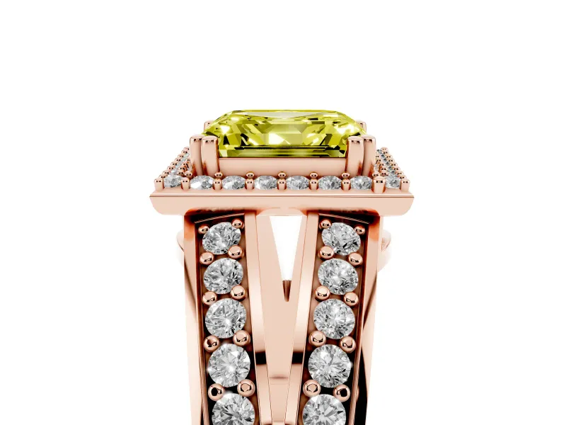 Asscher Cut Halo Engagement Ring Setting for a Fancy Yellow Lab-Grown Diamond | Two-Row Pave Split Shank | Rose Gold