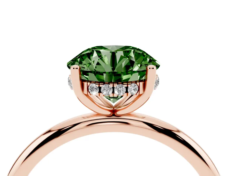 Fancy Green Round Cut Diamond Solitaire Engagement Ring Set in Rose gold with Prong Setting and Polished Band