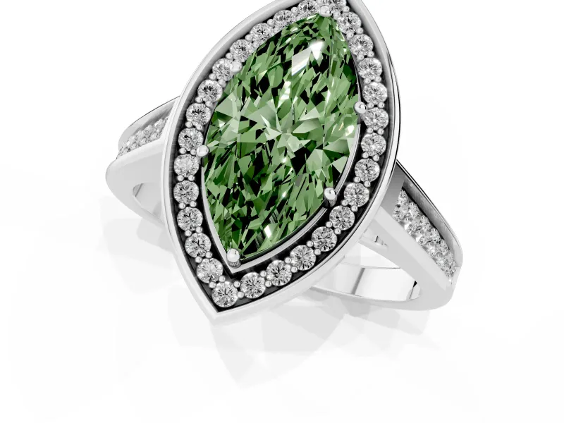 Fancy Green Marquise Cut Diamond Halo Solitaire Ring Set in Silver with Pavé Band and Bezel Setting