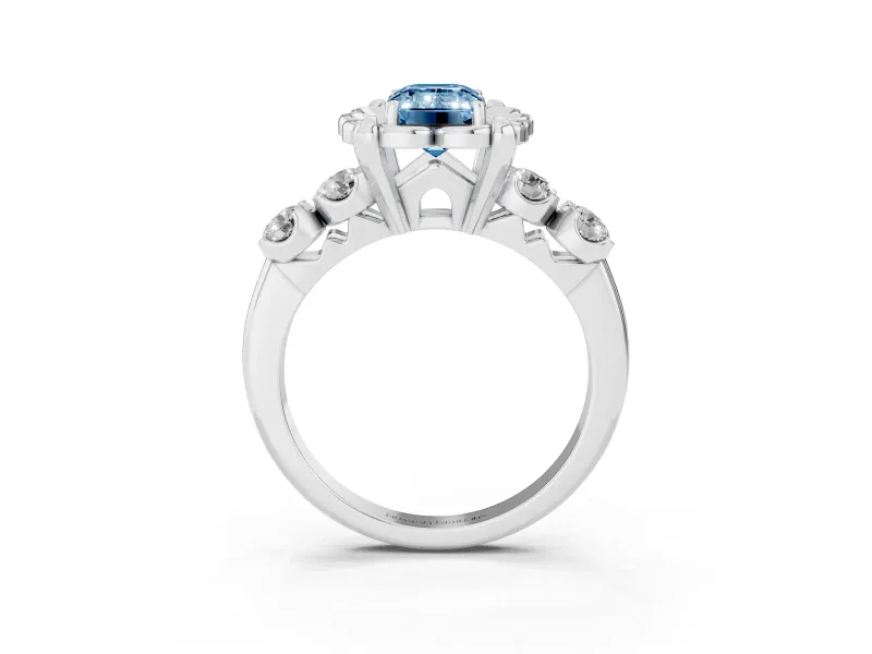 Emerald Cut Floral Engagement Ring Setting for a Fancy Blue Lab-Grown Diamond | Petal Frame and Side Stones | White Gold