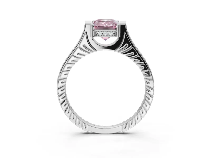 Emerald Cut Vintage Cathedral Engagement Ring Setting for a Fancy Pink Lab-Grown Diamond | Carved Band | Platinum
