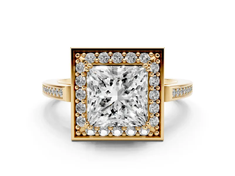Princess Cut Diamond Halo Ring Set in Yellow gold with Accent-Lined Split Shank and Prong Setting
