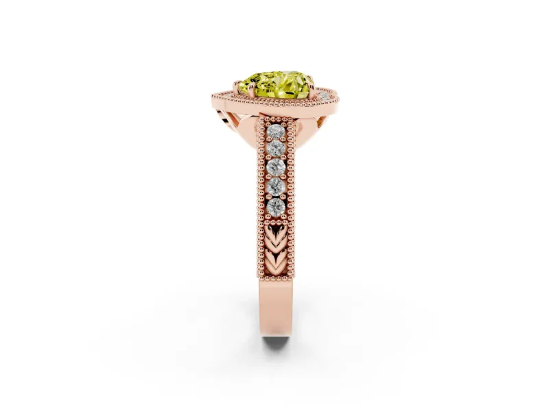 Fancy Yellow Heart Cut Diamond Halo Ring Set in Rose gold with Round Accent Halo, Pavé Band and Prong Setting