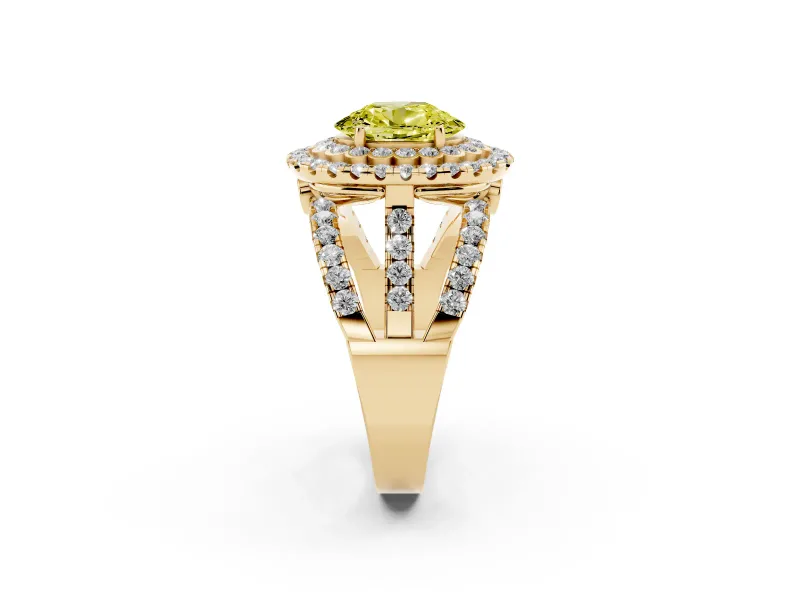 Oval Double Halo Split Shank Engagement Ring Setting for a Fancy Yellow Lab-Grown Diamond | Pave Strands | Yellow Gold