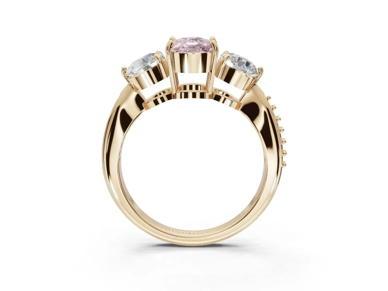 Cushion Cut Three Stone Engagement Ring Setting for a Fancy Pink Lab-Grown Diamond | Tapered Pave Band | Yellow Gold