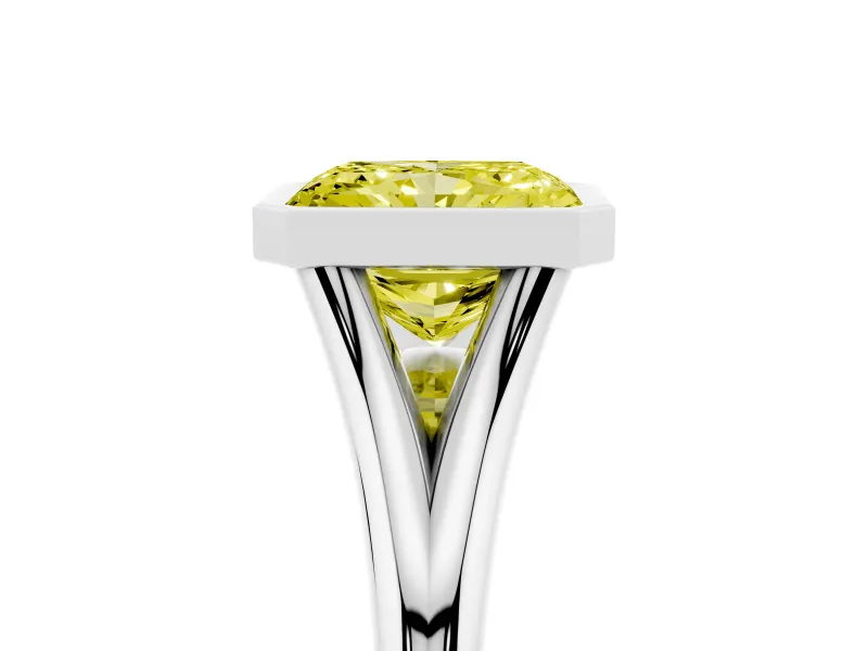 Fancy Yellow Bezel Set Radiant Cut Diamond Solitaire Ring Set in Platinum with Tapered Band
