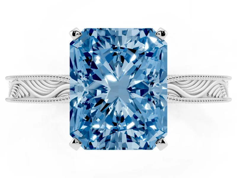 Radiant Cut Engraved Solitaire Engagement Ring Setting for a Fancy Blue Lab-Grown Diamond | Platinum