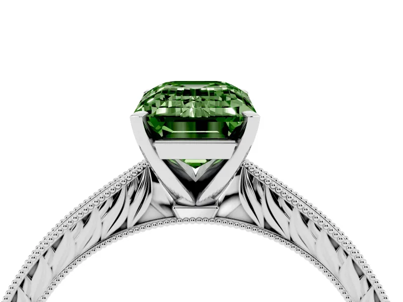 Fancy Green Emerald Cut Diamond Solitaire Milgrain Engraved Band Set in White gold with Prong Setting