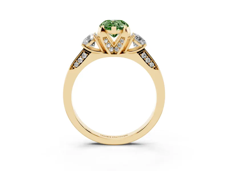 Pear-Shaped Hidden Halo Three Stone Engagement Ring Setting for a Fancy Green Lab-Grown Diamond | Yellow Gold