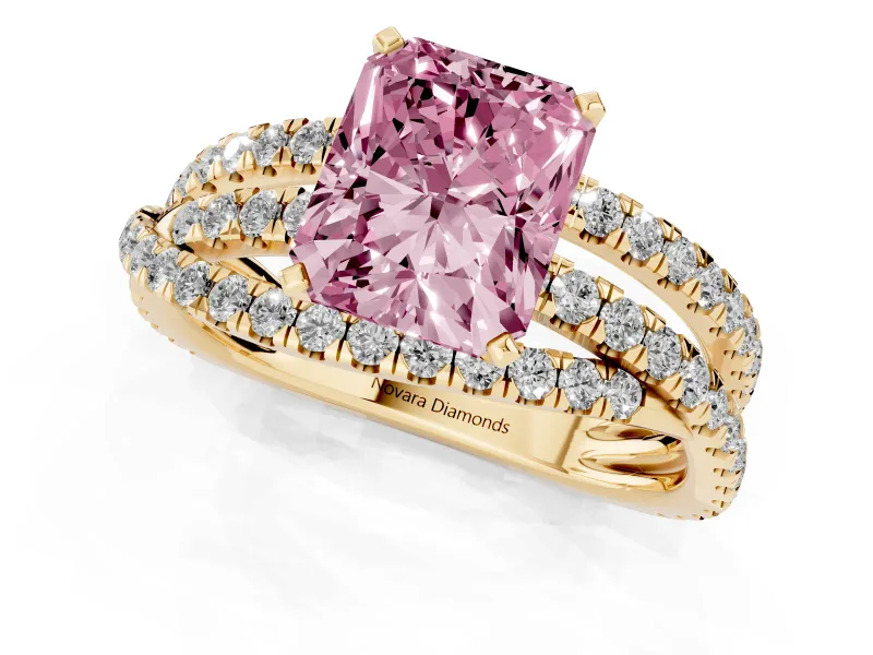 Radiant Cut Twisted Pavé Engagement Ring Setting for a Fancy Pink Lab-Grown Diamond | Yellow Gold