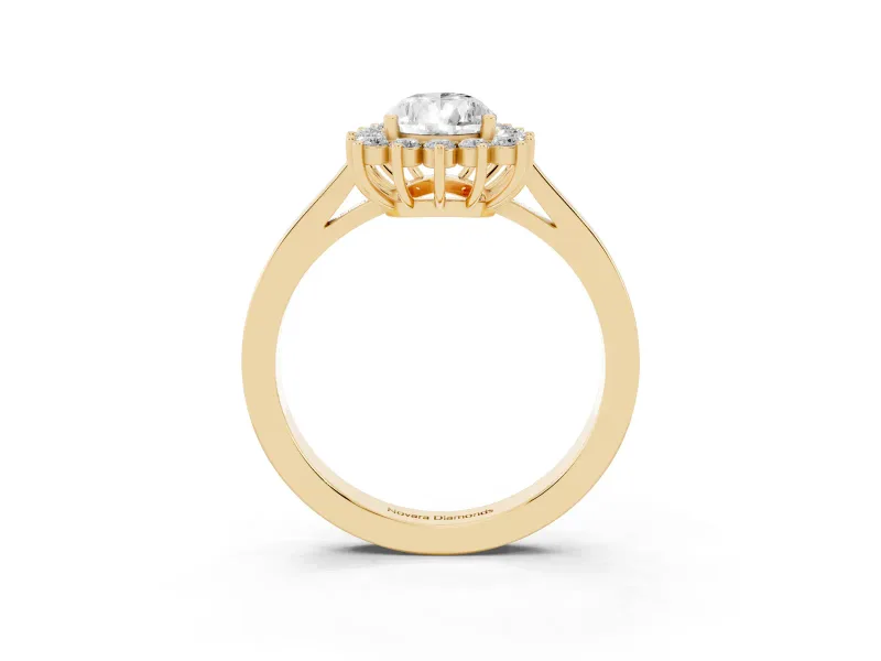 Pear Cut Diamond Halo Ring Set in Yellow gold with Round Halo and Smooth Solitaire Band