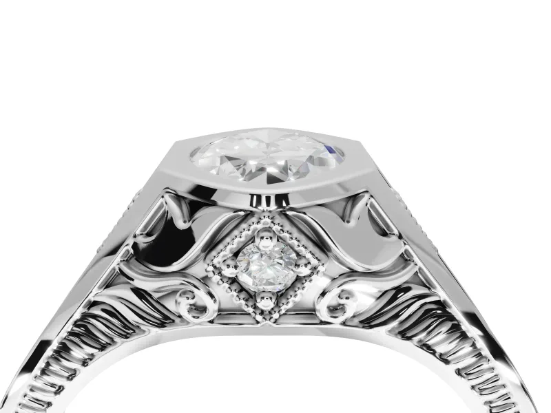 Marquise Vintage Bezel Engagement Ring Setting | Engraved Band | White Gold
