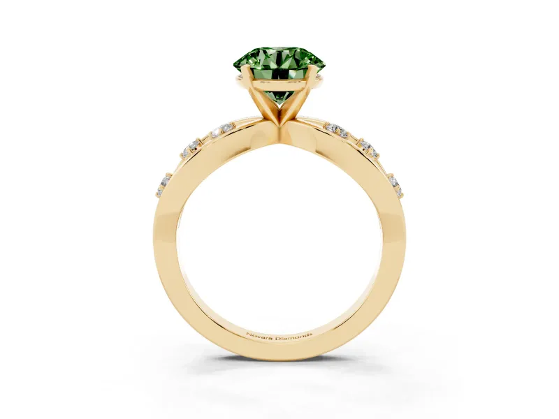 Fancy Green Round Cut Diamond Solitaire Ring Set in Yellow gold with Side Stones on Criss-Cross Band and Prong Setting