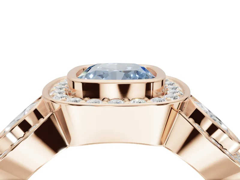 Cushion Cut Three Stone Halo Engagement Ring Setting for a Fancy Blue Lab-Grown Diamond | Rose Gold