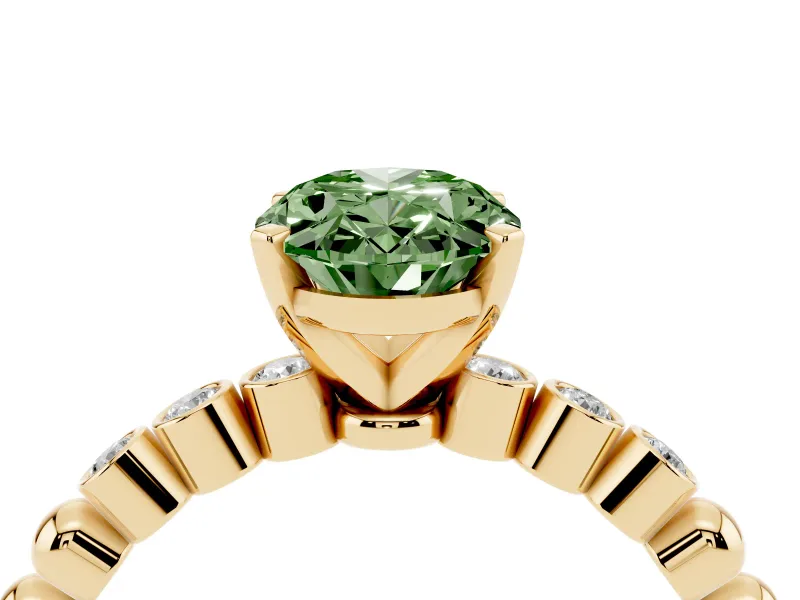 Fancy Green Oval Cut Diamond Solitaire Engagement Ring Set in Yellow gold with Bezel Accents on Beaded Band
