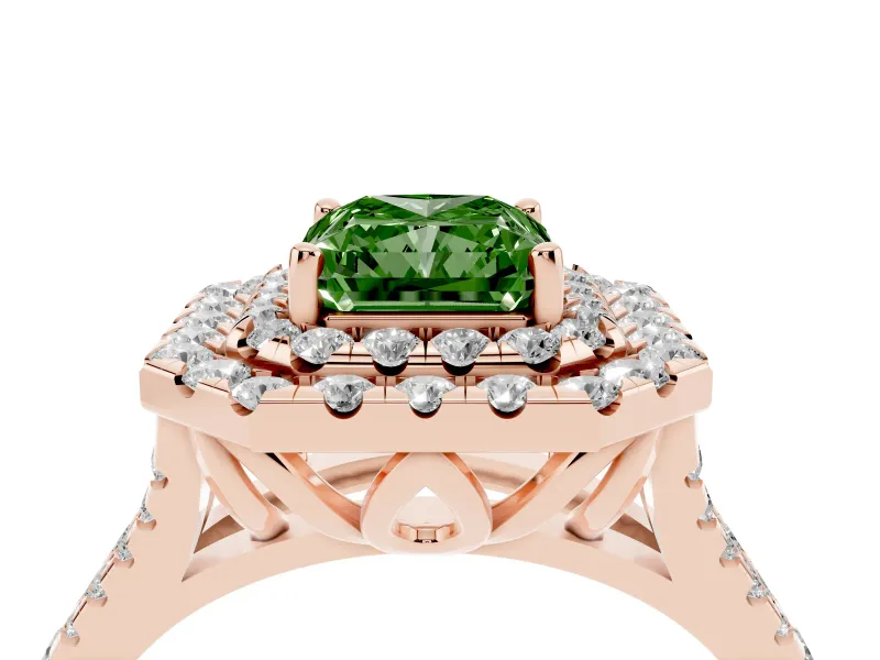 Radiant Cut Halo Split Shank Engagement Ring Setting for a Fancy Green Lab-Grown Diamond | Pavé Strands | Rose Gold
