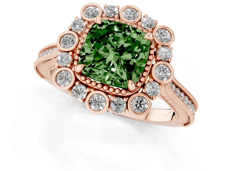 Fancy Green Cushion Cut Diamond Halo Milgrain Pavé Ring Set in Rose gold with Prong Setting