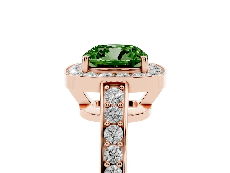 Fancy Green Cushion Cut Diamond Halo Pavé Engagement Ring Set in Rose gold with Bezel Setting
