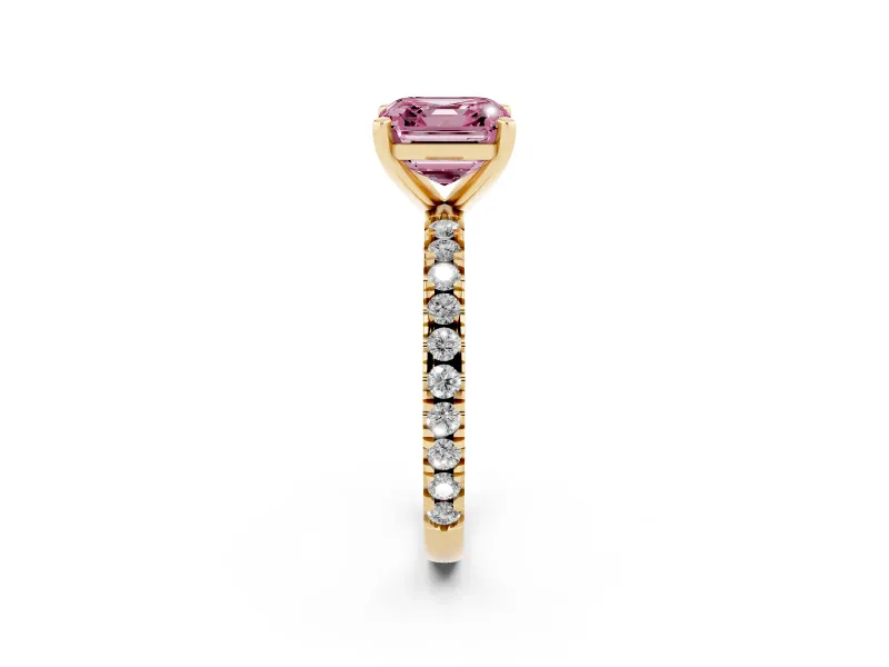 Fancy Pink Asscher Cut Diamond Pavé Band Solitaire Set in Yellow gold with Prong Setting
