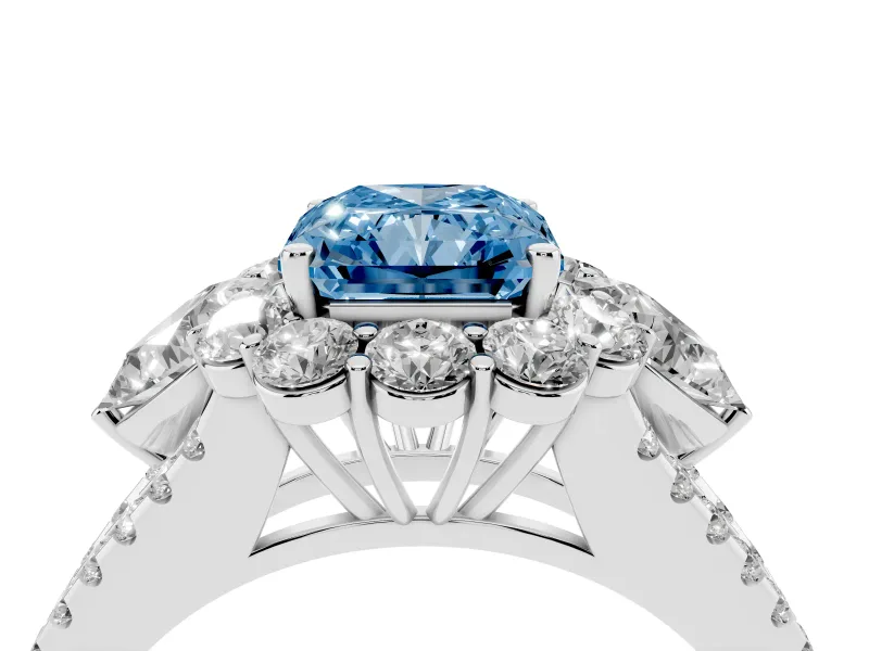 Fancy Blue Radiant Cut Diamond Halo Split Shank Engagement Ring Set in Platinum with Prong-Held Center Stone
