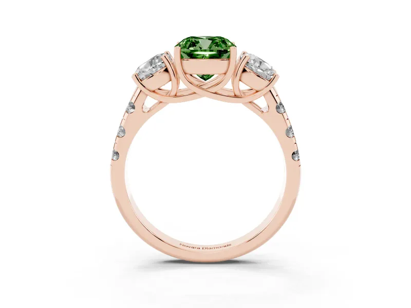 Fancy Green Cushion Cut Diamond Three-Stone Ring Set in Rose gold with Pavé Band